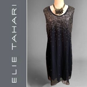 NWT "ElieTahari" sleeveless little black shift dress with O-ring accents- S